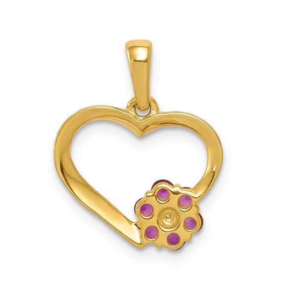 14k Yellow Gold Diamond & Red Ruby Heart w/ Flower Necklace Charm Pendant - Picture 3 of 4